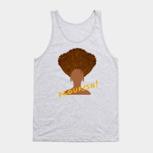 Flourish! Natural Hair Upward Curly Afro with Gold Earrings and Gold Lettering (Purple Background) Tank Top